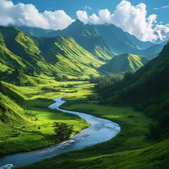 serene valley view mountain greenery winding river image