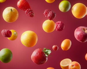 Vibrant summer fruits float in the air against a rich burgundy background, captured in a detailed and dynamic close-up.