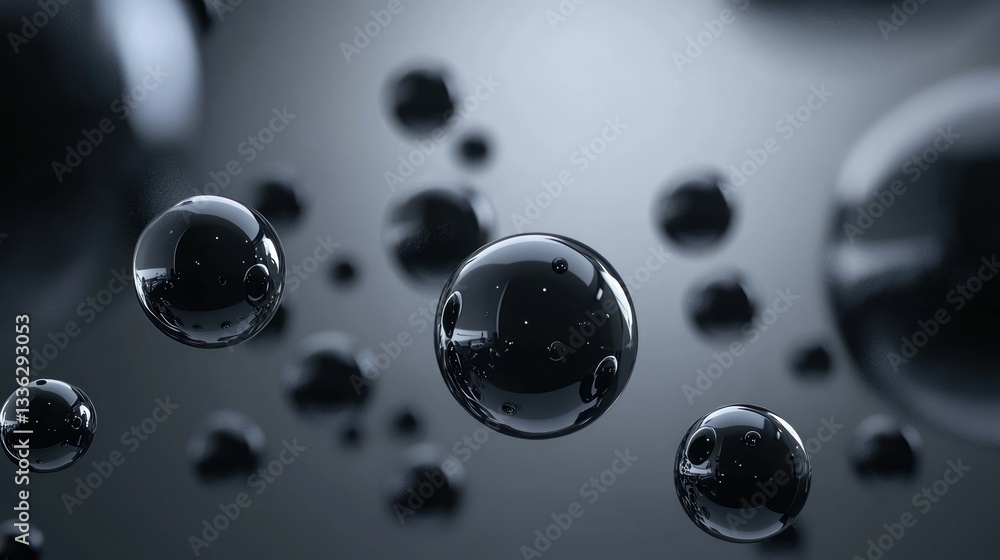 Poster Several shiny spherical orbs float with reflections on a dark surface
