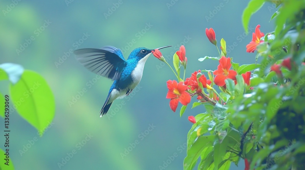 Poster a small hummingbird approaching red flowers in soft focus