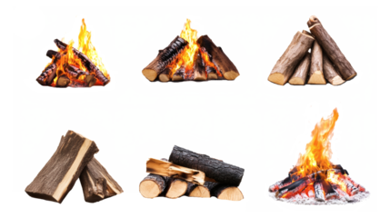 Set of cartoon fire places campfire with stone and wood flames isolated on white background for hiking, mountain climber, outdoor adventure elements, etc.