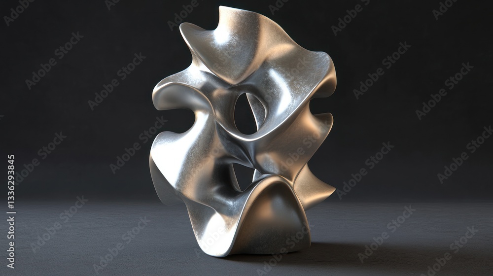 Poster an abstract sculpture composed of flowing metal shapes on display