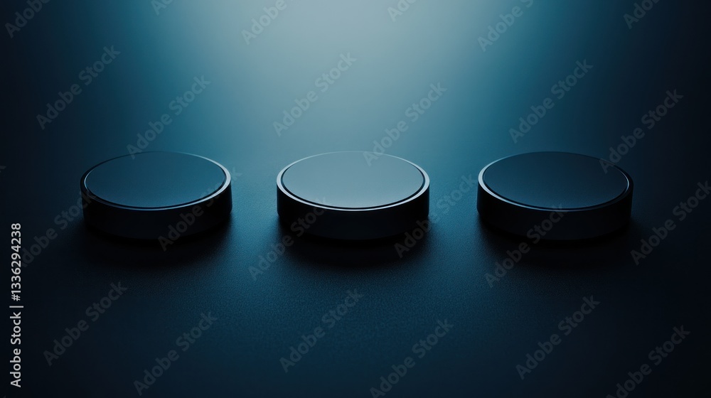 Poster Three metallic circular objects are displayed with dramatic lighting effects
