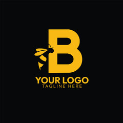 Letter B Bee Logo Design in Yellow on Black Background
