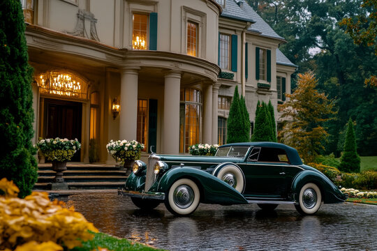 Fototapeta vintage car parked in front of a luxurious mansion