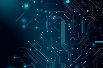 Abstract close-up of a glowing blue digital circuit board, showcasing intricate connections and technological design on a black background.
