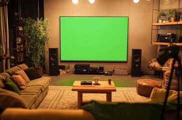 Modern Home Theater Room with Green Screen, Stereo Speakers, and Cozy Sofa