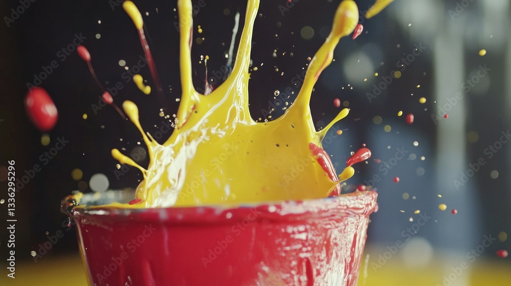 Poster yellow and red paint splashing out of a small red container
