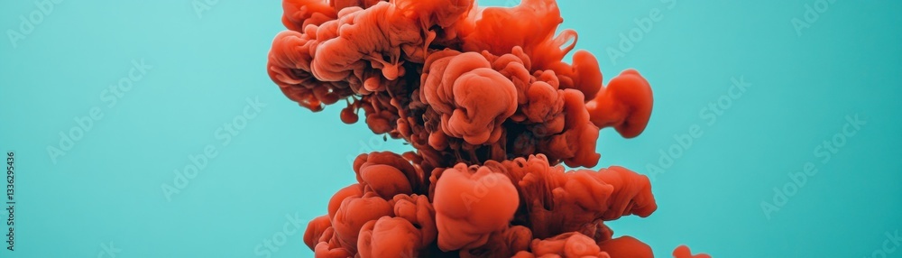 Poster abstract composition of red ink flowing against a teal background