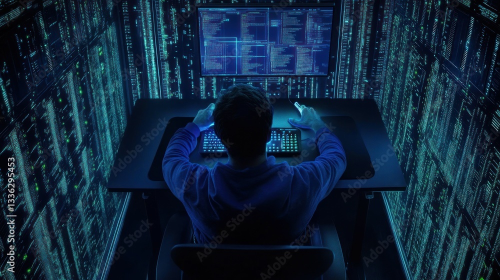 Poster A person working on a computer surrounded by digital data