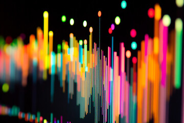 A stock market graph featuring colorful candlestick charts with price trends, fluctuations, and trading volume indicators