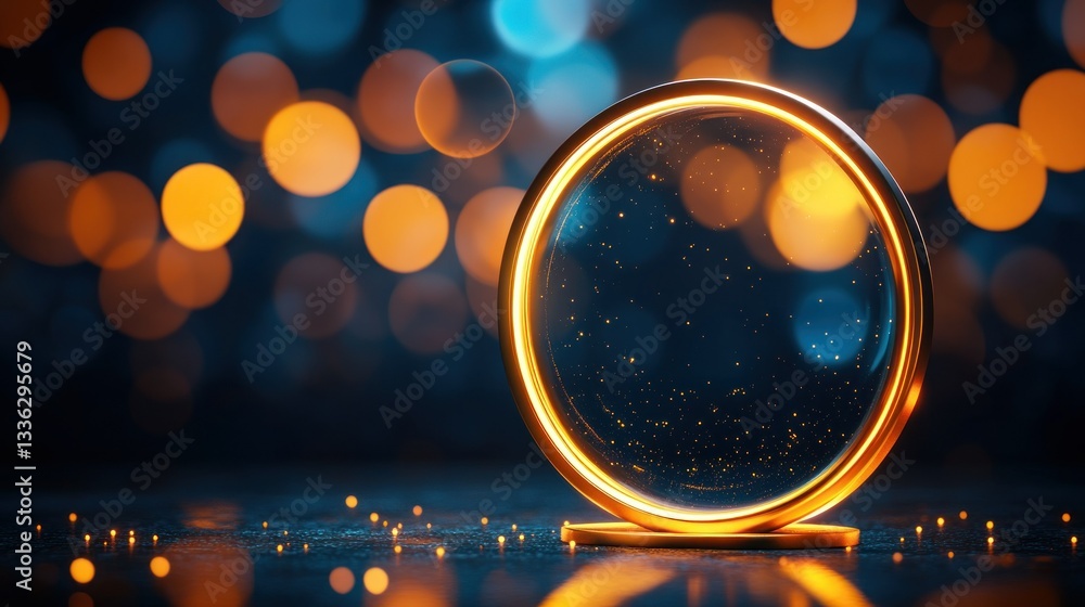 Poster a golden illuminated ring with glowing bokeh background present