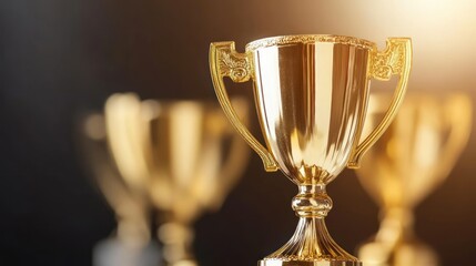 Three golden trophies are displayed with selective focus and ambient lighting