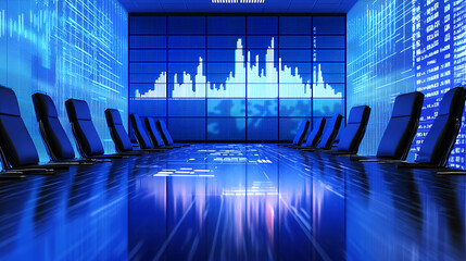 Corporate strategy meeting high-tech conference room digital data visualization modern business environment wide angle view