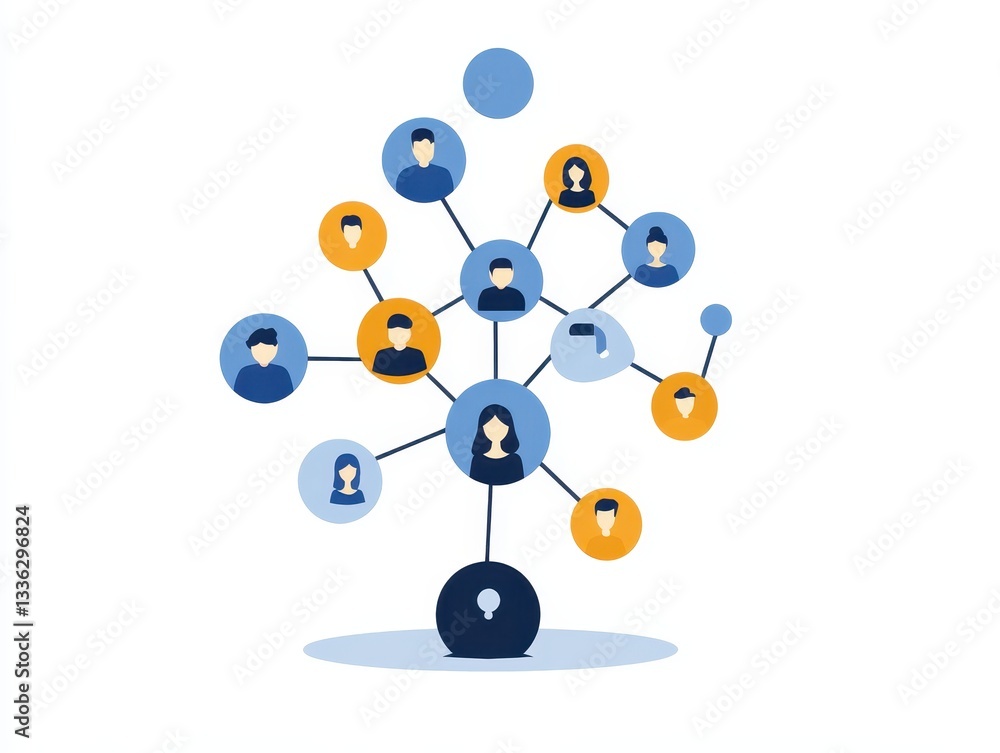 Poster abstract illustration of a social network tree with user profiles and connections