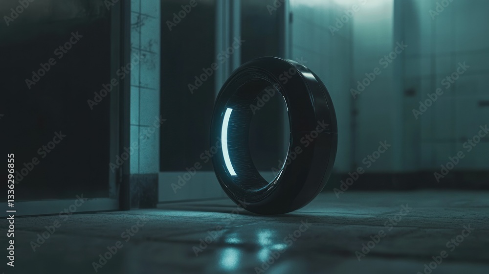 Poster A glowing circular object resting on a tiled floor indoors