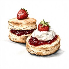Semi-Realistic Colored Pencil Illustration of Scones with Jam and Cream