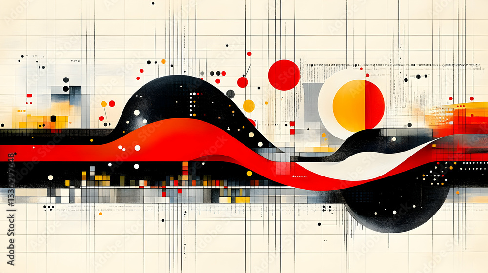 Poster abstract art with flowing red and black curves, geometric shapes, and data visualizations on a gridd