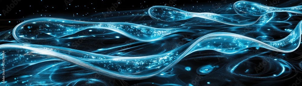 Poster abstract flowing blue lights with sparkling particles against darkness