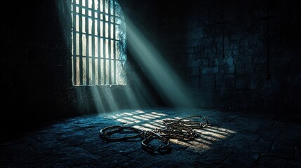 Eerie medieval dungeon shadows of captivity and gloomy shackles in dark room