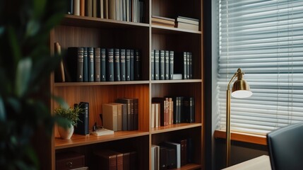 Wooden bookcase, books, office, sunlight,  interior design,  peaceful,  study room