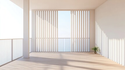 Bright and airy modern interior with vertical slats and ocean view, showcasing minimalist design and natural light