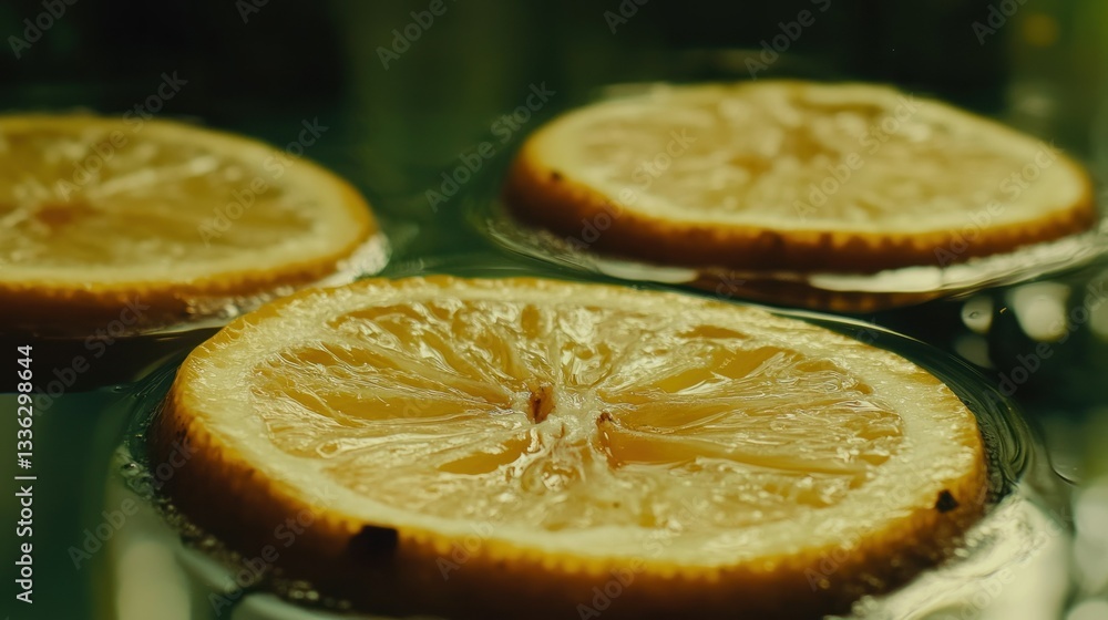 Poster sliced lemons are floating in clear liquid in a drink