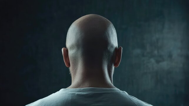 A bald man seen from behind, standing against a dark textured background, evoking a sense of contemplation