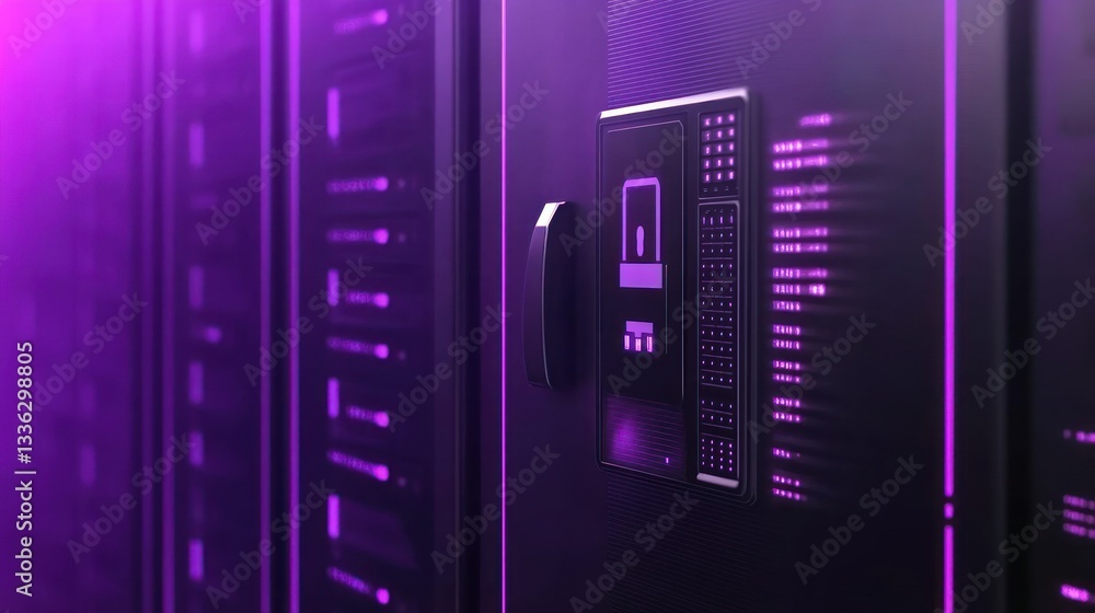 Poster server racks with lights and a control panel are shown