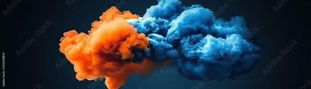 Poster orange and blue abstract clouds merging on a dark background
