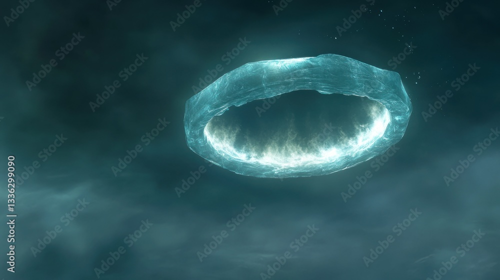 Poster an ethereal glowing ring floats in a dark cloudy atmosphere