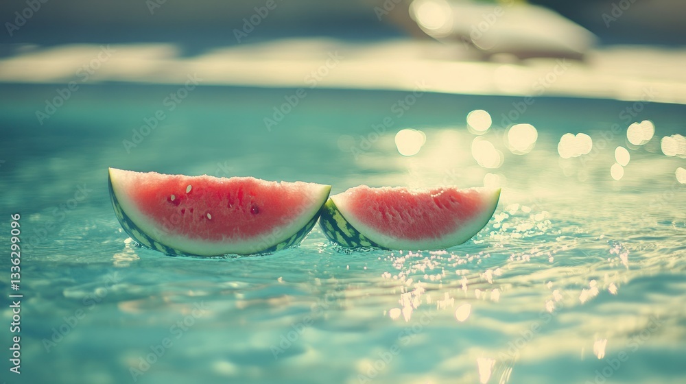 Poster two vibrant watermelon slices floating in refreshing turquoise water