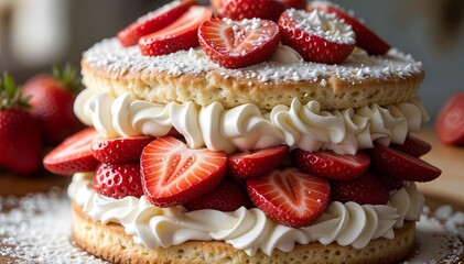 Delicious Strawberry Shortcake with Whipped Cream, A Soft Sponge Cake Topped with Fresh Strawberries