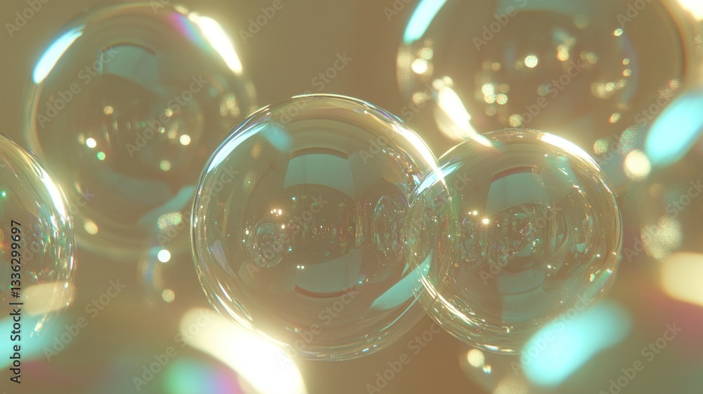 Poster Transparent shimmering soap bubbles floating with bright ambient light