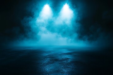Dark blue stage with spotlights and smoke.