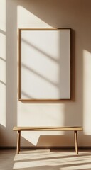 Minimalist interior design, showcasing a framed canvas with natural light.  A wooden bench adds warmth and simplicity