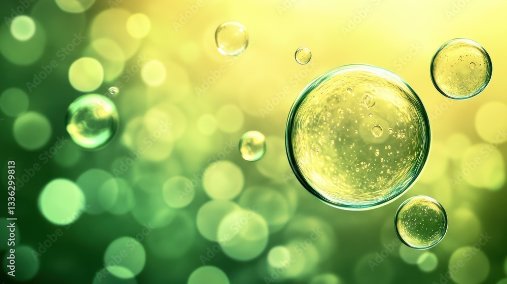 Poster Shiny floating spheres of varying sizes with blurred green background