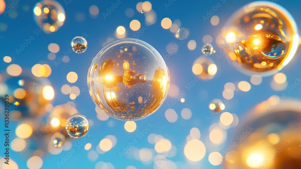 Poster floating transparent spheres with golden light reflections in the sky