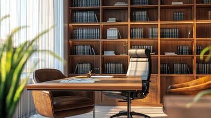 Obraz premium Modern office with bookshelves and desk. Sunlight streams in. Great for presentations or office space imagery