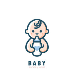 Cute little baby with baby milk bottle.