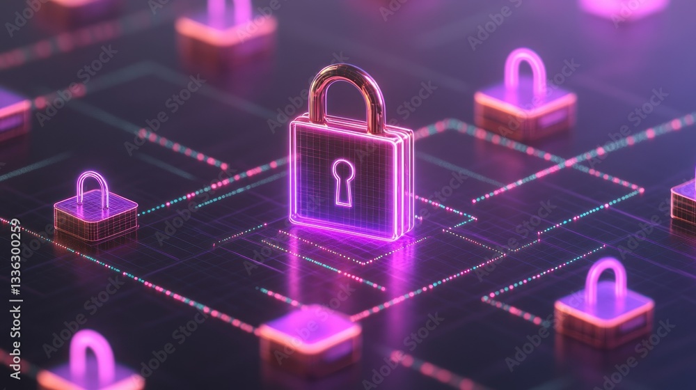 Poster Illuminated padlock security network displaying digital safety protocols visually