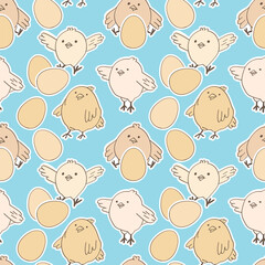Happy Easter cute chicken on blue background. Vector seamless pattern with abstract hens and eggs.