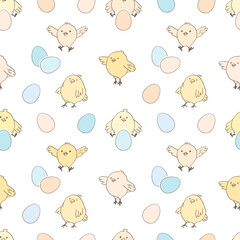 Obraz premium Happy Easter cute background. Vector seamless pattern with abstract chickens. Design element.
