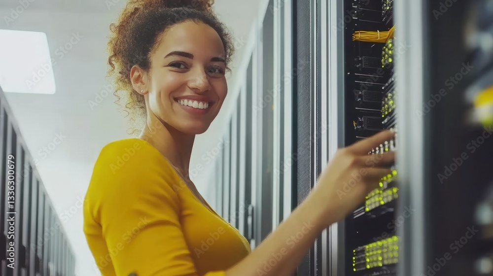 Poster smiling woman working with server equipment in a data center