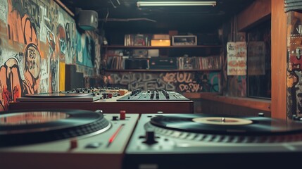 An underground DJ studio featuring professional vinyl turntables, a mixing console, and graffiti-covered walls, capturing the raw energy and creative spirit of street music culture