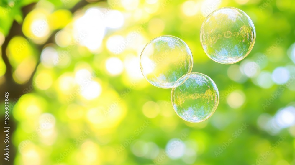Poster transparent bubbles float in front of a green blurry background