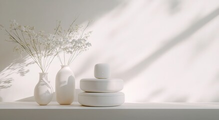 Minimalist White Vases with Dried Flowers and Stacked Ceramic Bowls on Shelf