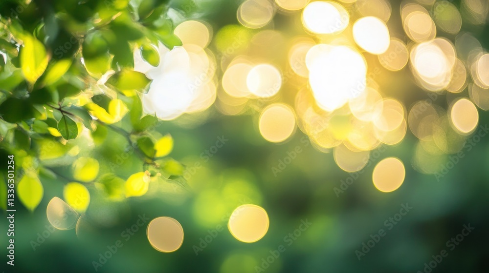 Poster green foliage with bright sunlight creating soft and blurred bokeh lights