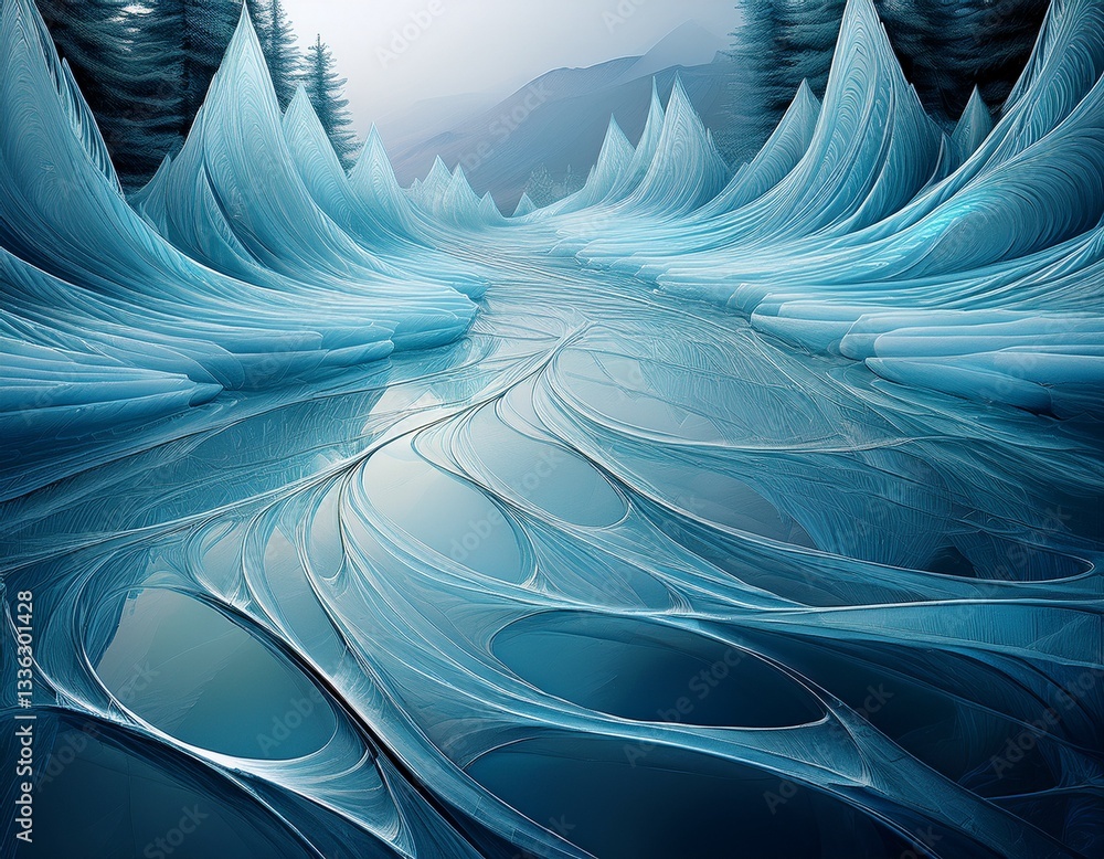 Poster thin sheets of ice overlapping, creating a fractal-like pattern.