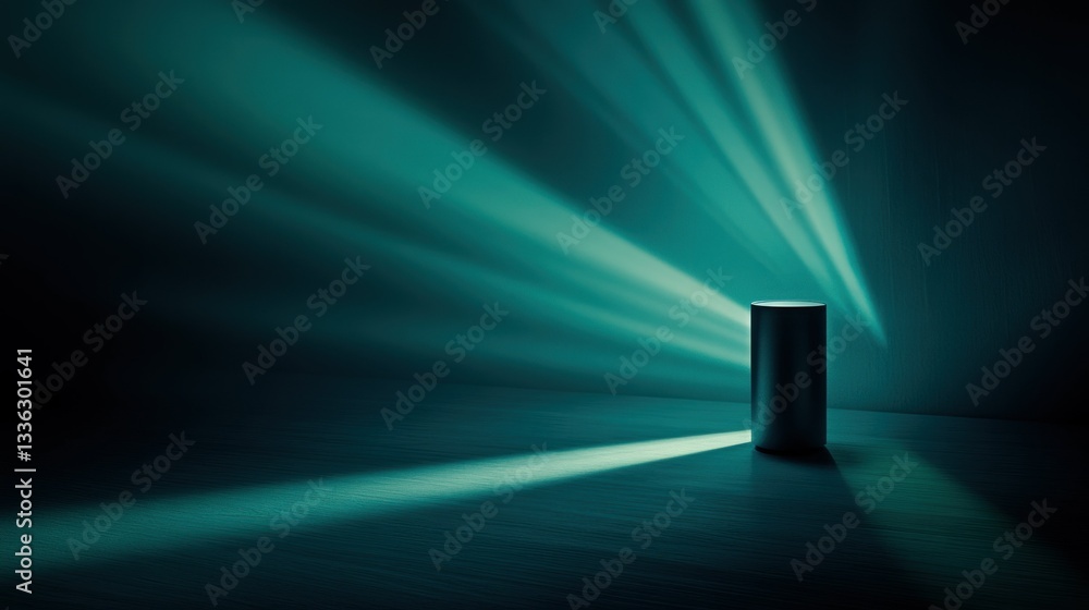 Poster illuminated cylindrical object illuminated by beams of vibrant teal light
